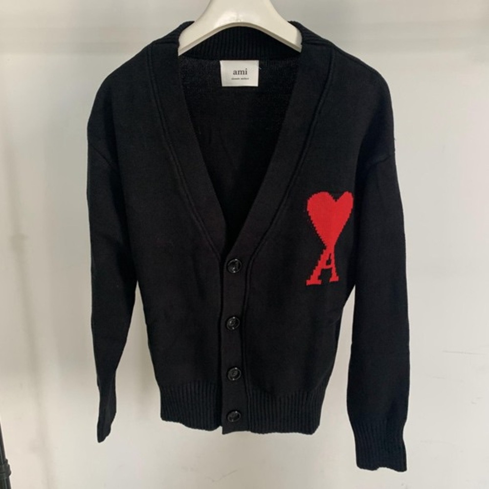 Ami Black Cardigan with Red Heart Accent